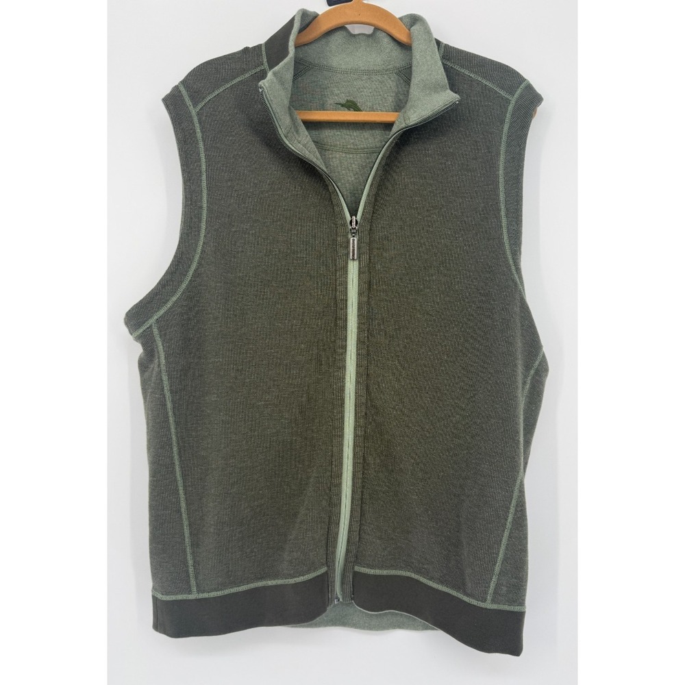 Tommy Bahama Olive Green Full Zip Sweater Vest Textured Knit Casual Golf Grandpa